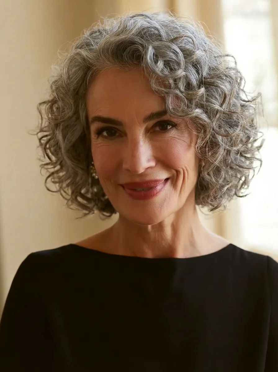 Luminous Silver Frost Curly Bob with Full Volume